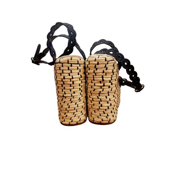 Larroude Florence Broderie Wedge Sandal in Beige and Black Raffia Size 9 - Picture 5 of 11